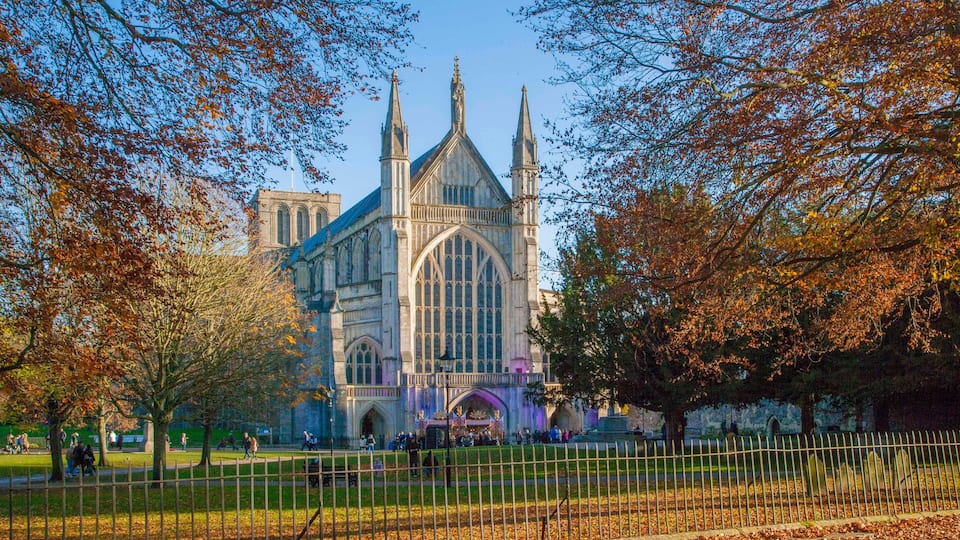 A historic cathedral with Gothic architecture, surrounded by a park with autumn foliage.