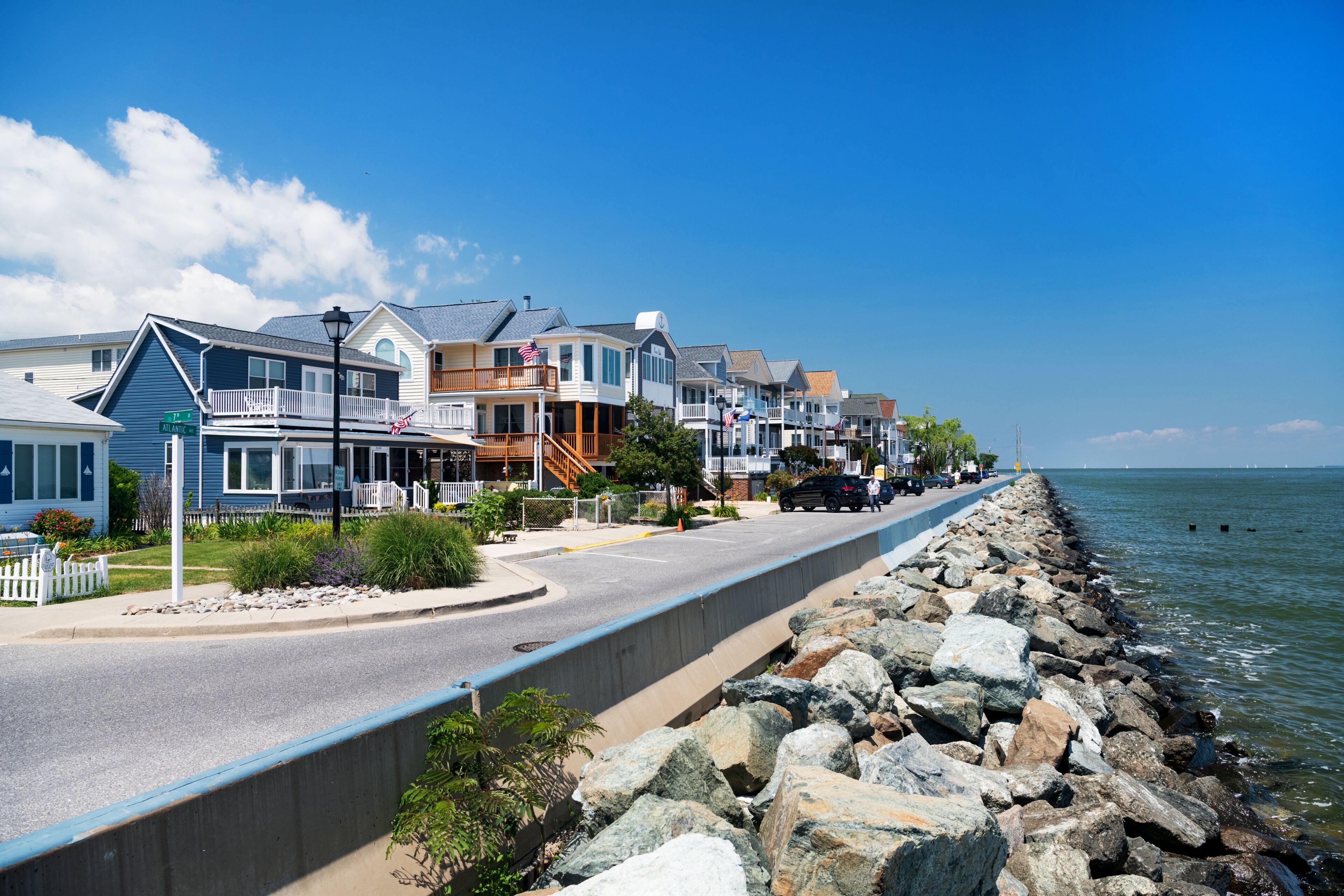Homes on the Chesapeake Bay, in North Beach, Maryland. Sunny day, blue sky.