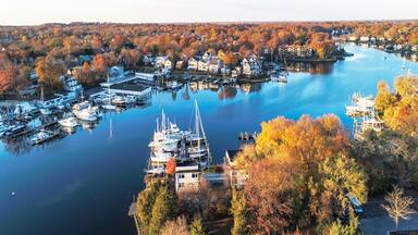 An aerial view of historic Annapolis, situated on the Chesapeake Bay, during an early November morning.