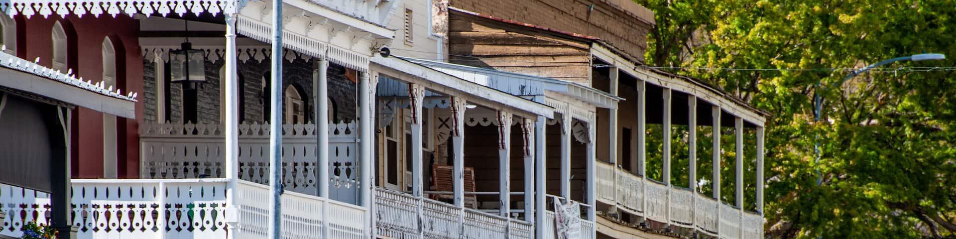 Historic Gold Rush era Main Street with balconied buildings in Sutter Creek, California