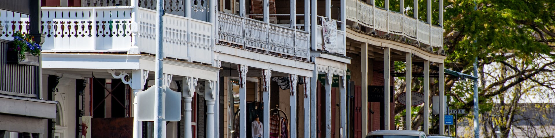 Historic Gold Rush era Main Street with balconied buildings in Sutter Creek, California