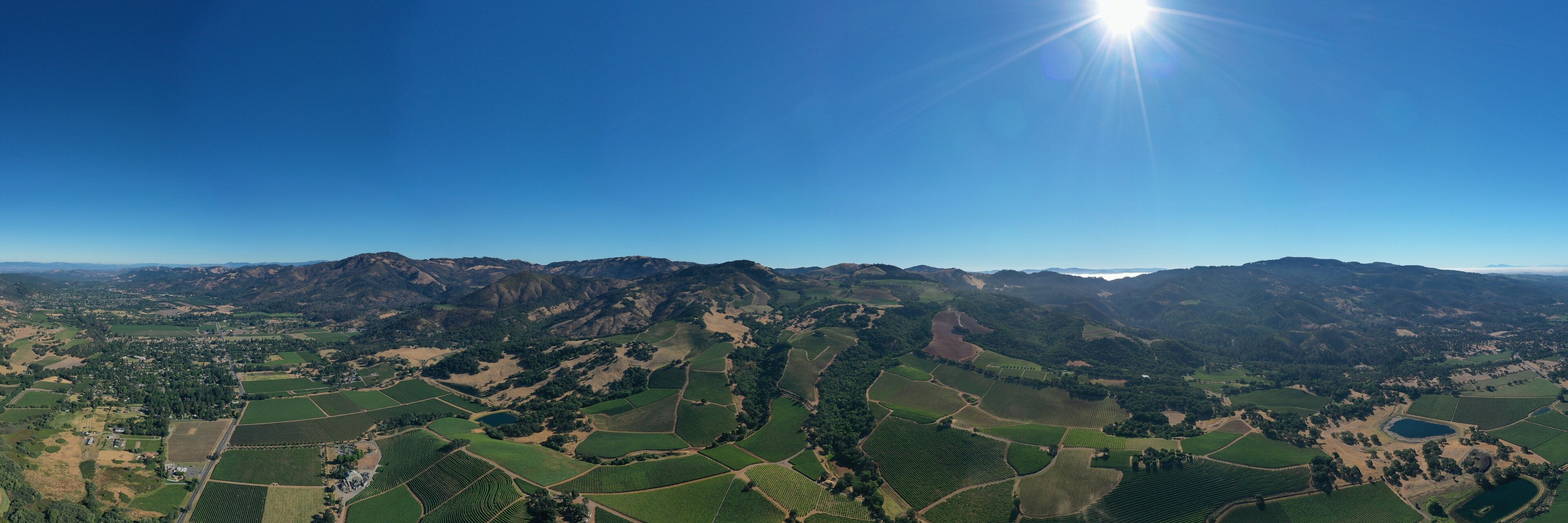 Paisaje montañoso con viñedos en terrazas y cielo azul despejado.