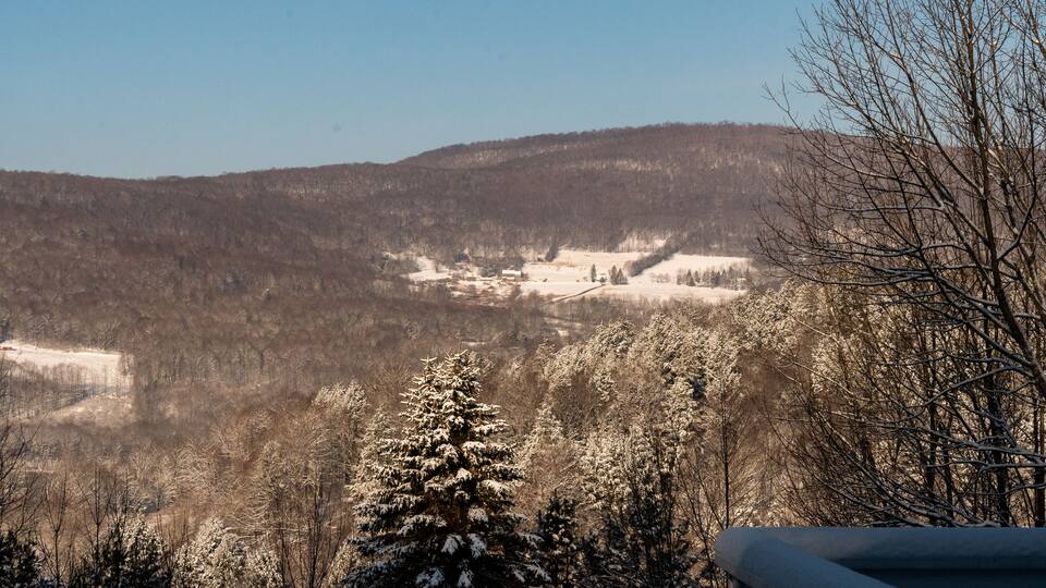 A snowy landscape with a forested valley and a distant hill.