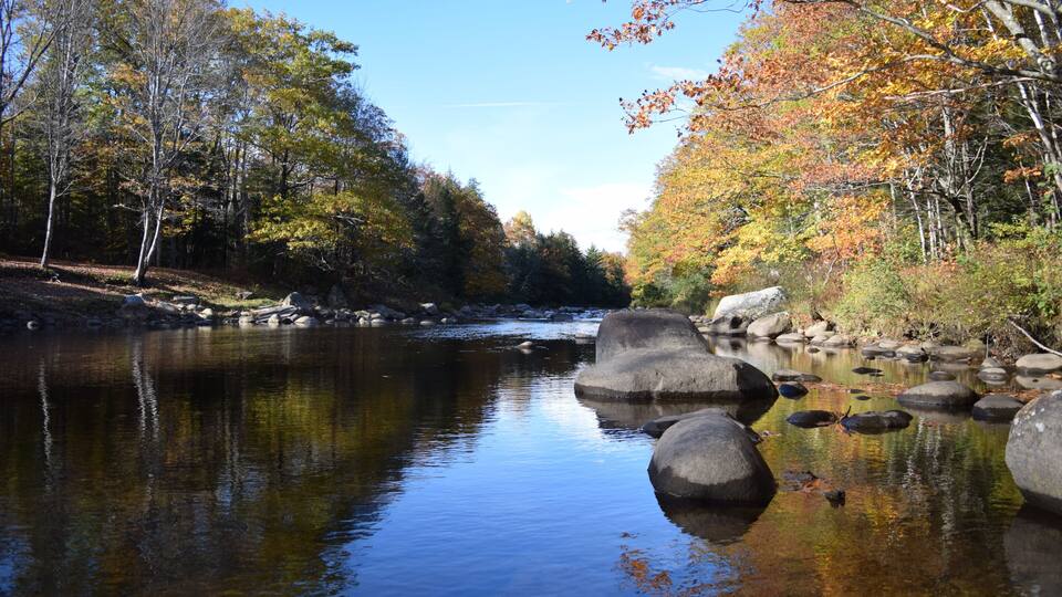 A calm river with large rocks, surrounded by trees with autumn foliage.