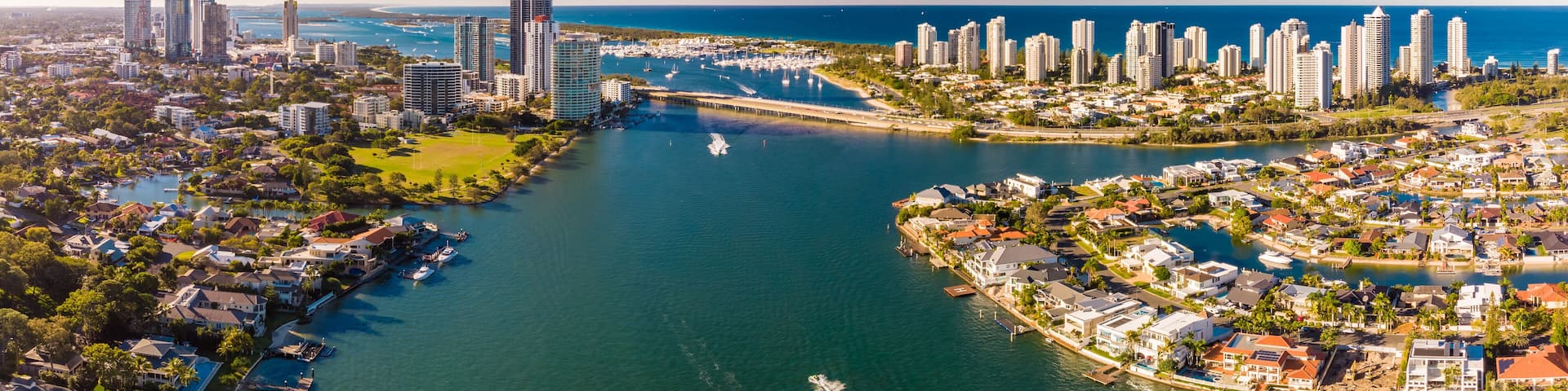 Aerial view of Surfers Paradise and Southport on the Gold Coast,