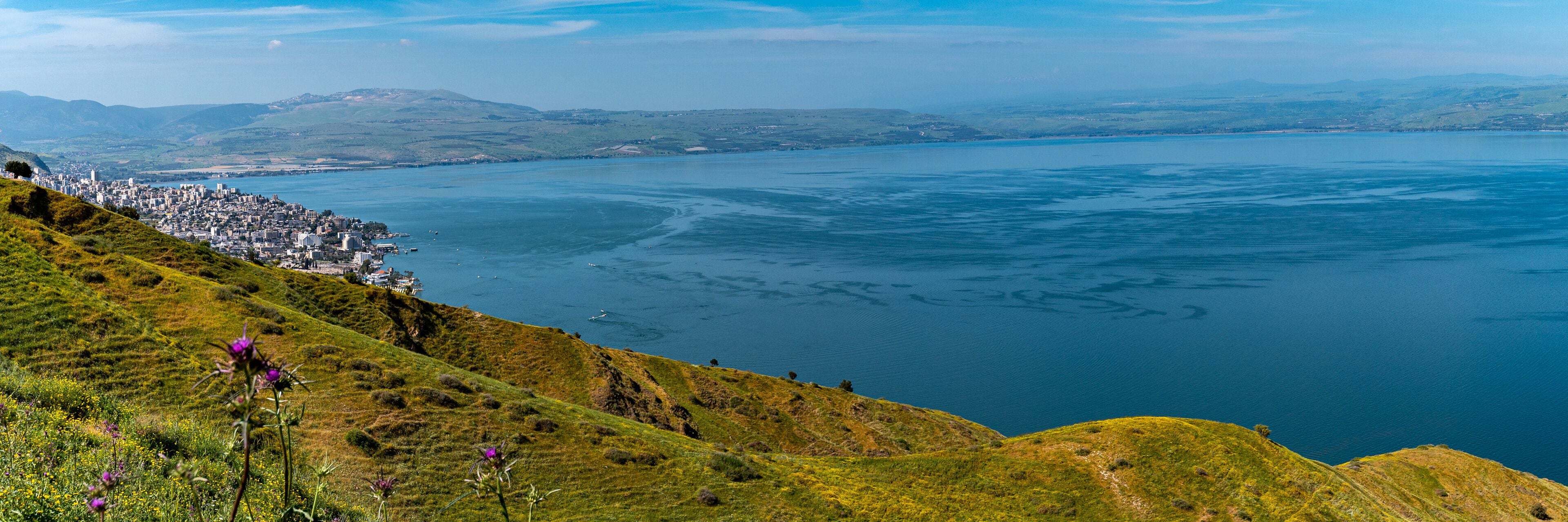 Panoramic view of the city of Tiberias and The Sea of Galilee in Israel
