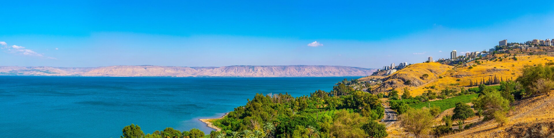 Un paisaje costero con mar azul cristalino, colinas verdes y una ciudad lejana en una colina.
