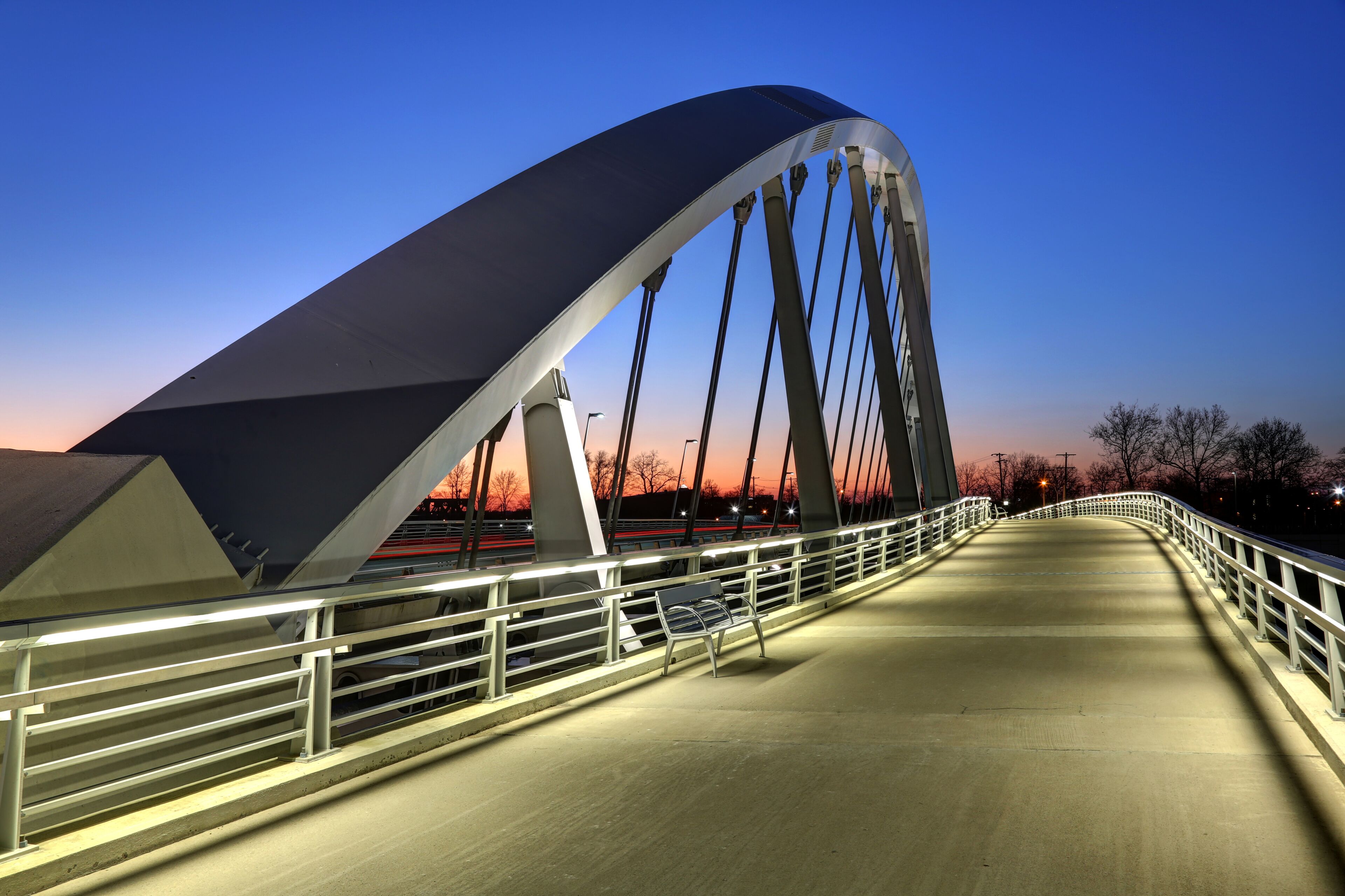 Main Street Bridge in Columbus, Ohio at dusk with vibrant sky