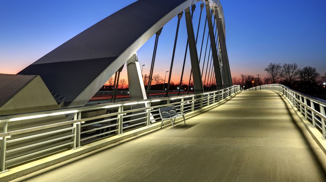 Main Street Bridge in Columbus, Ohio at dusk with vibrant sky