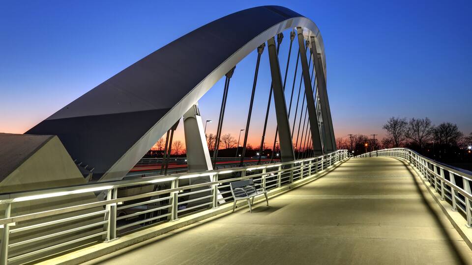 Main Street Bridge in Columbus, Ohio at dusk with vibrant sky