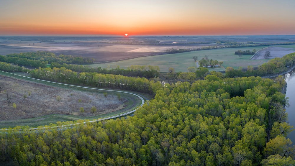 spring sunrise over the Missouri River and Chariton River at Dalton Bottoms - aerial view