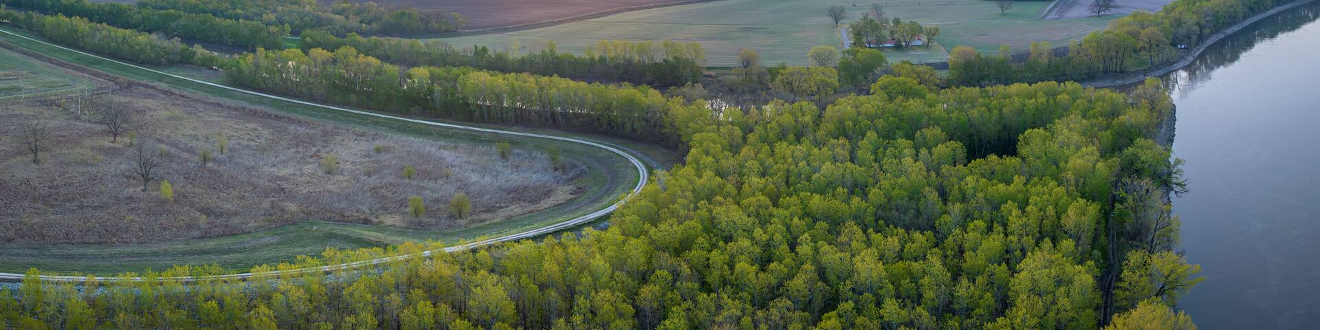 spring sunrise over the Missouri River and Chariton River at Dalton Bottoms - aerial view