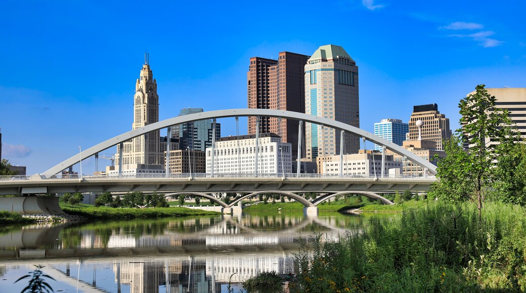 The Main Street Bridge spans the Scioto River in Columbus, Ohio and is a major landmark in the downtown district of the USA city.