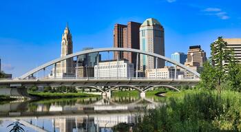 The Main Street Bridge spans the Scioto River in Columbus, Ohio and is a major landmark in the downtown district of the USA city.