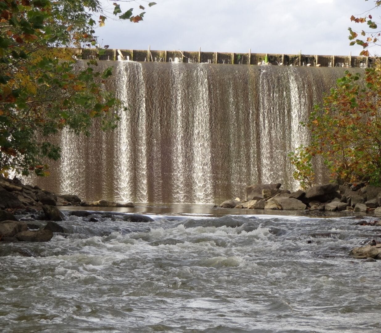 A view of the churning waters of the Scioto River just south of the 35ft tall, 500ft wide Griggs Dam.