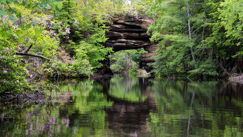 A natural rock formation over a calm river surrounded by dense greenery.