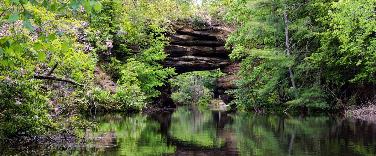 A natural rock formation over a calm river surrounded by dense greenery.