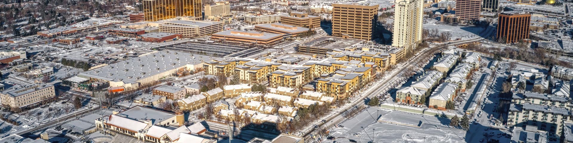Aerial View of Glendale, Colorado in the Denver Metro after a fresh Snowfall