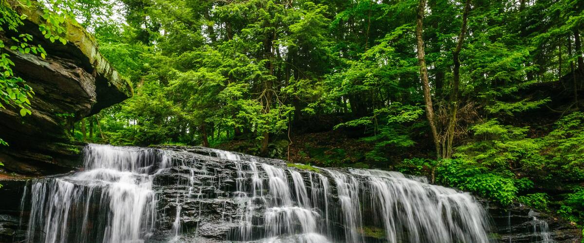 A multi-tiered waterfall surrounded by dense forest.