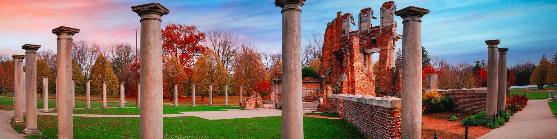 Holliday Park Ruins in the City of Indianapolis, Indiana, USA: The historic garden incorporating remnants of a 19th century New York City building and statues