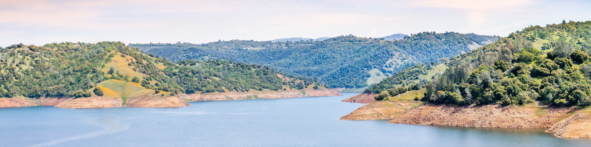 Panoramic view of New Melones Lake, a reservoir on the foothills of Sierra Mountains; California