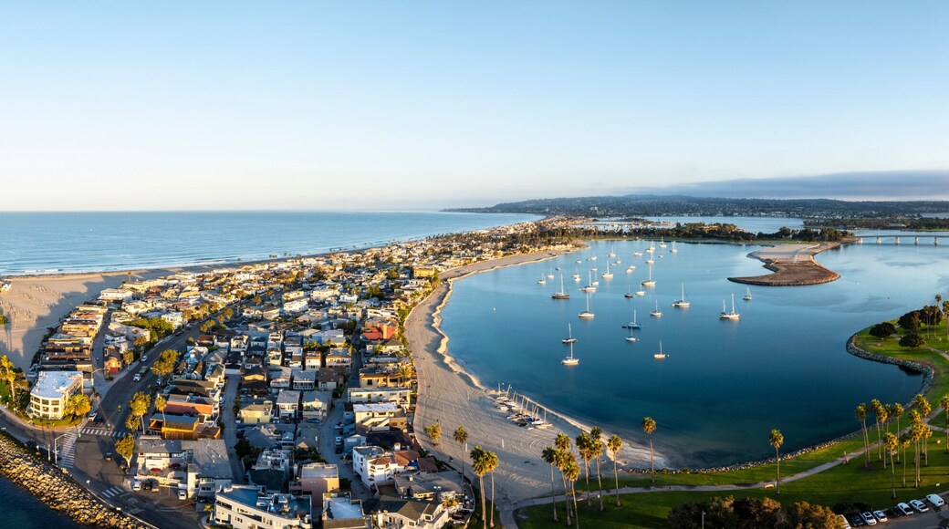 Aerial view of beautiful Mission Bay with boats and marina under a sunny sky, San Diego, USA.