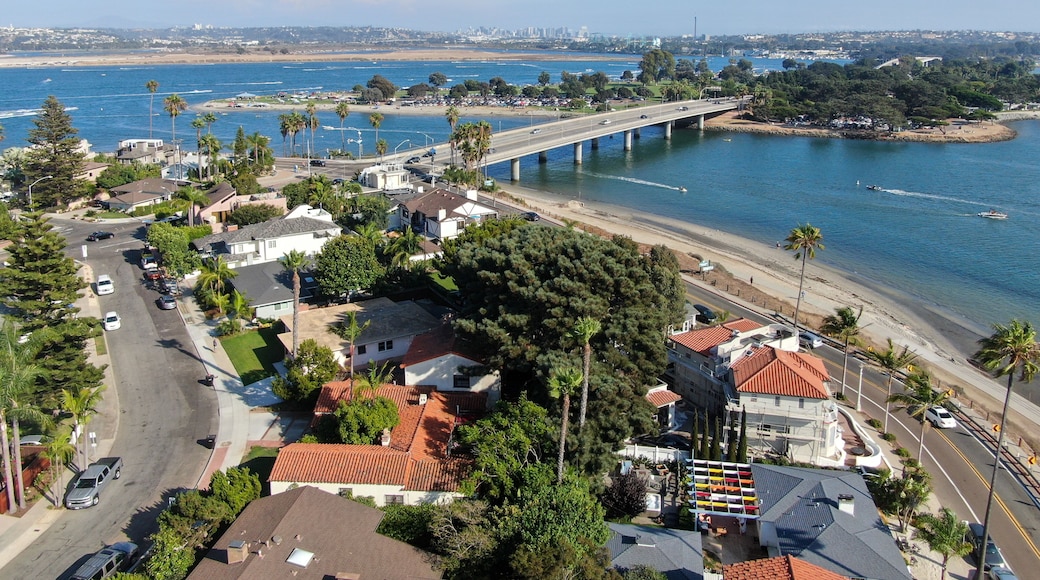 Aerial view of Mission Bay and beaches in San Diego, California. USA. Community built on a sandbar with villas and recreational Mission Bay Park. Californian beach-lifestyle.