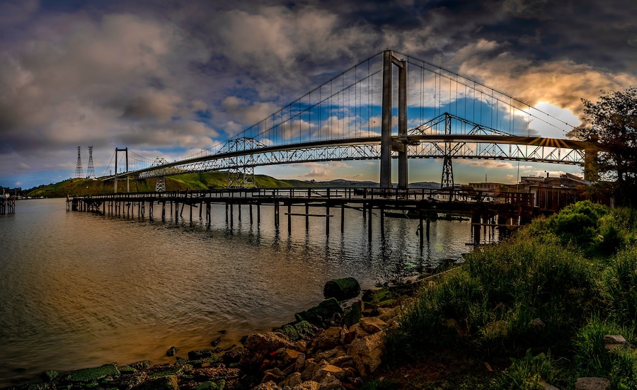 Carquinez Bridge on a cloudy morning seen from Rodeo Ca.