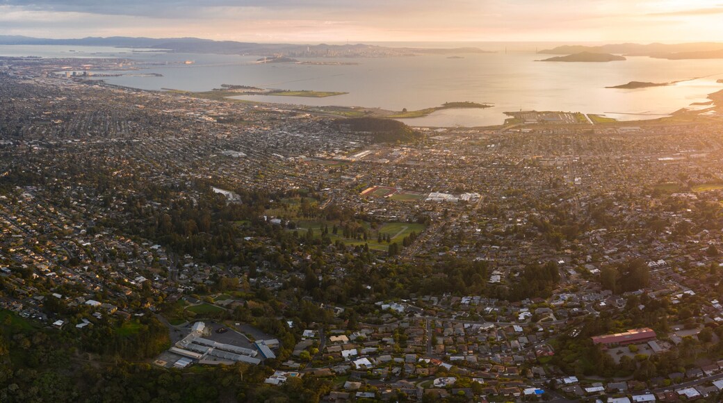 Late evening light shines on the East Bay and San Francisco Bay in Northern California. This region of the west coast is densely populated but is not far from Lake Tahoe and Yosemite National Park.