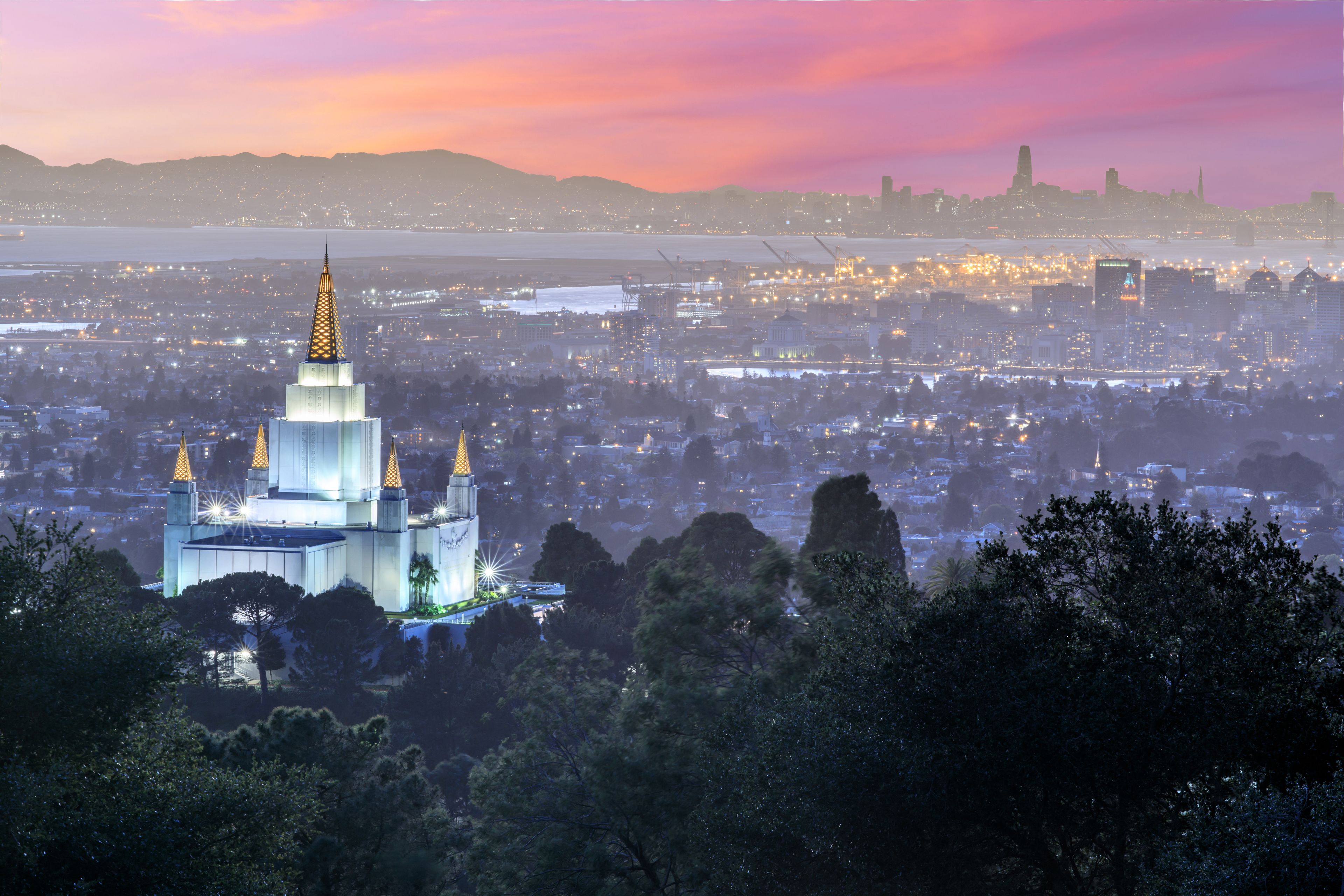 Oakland Temple and City from Oakland Hills. Oakland, Alameda County, California, USA.