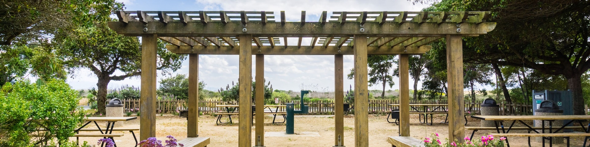 Una pérgola de madera con bancos, rodeada de plantas florecientes y árboles.