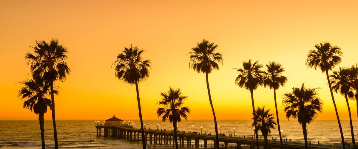 A sunset beach scene with palm trees and a pier.