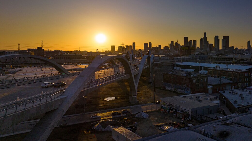 MARCH 25, 2023, LOS ANGELES, CA., USA - aerial sunset view of new 6th State Bridge leads from East LA to downtown Los Angeles, CA.