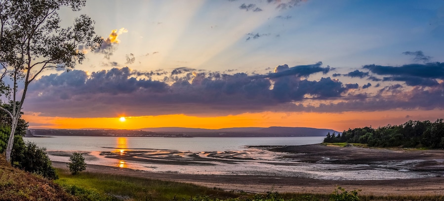 Sunset over the Annapolis Basin off the Bay of Fundy from Smiths Cove in the Digby area on the northwestern shore of Nova Scotia Canada