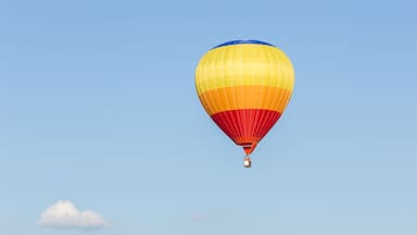 A hot air balloon with a yellow and red color scheme, floating in a clear blue sky.