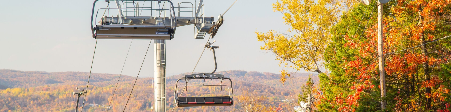 Saint-Sauveur, Canada - Oct. 5 2025: The beautiful panoramic autumn view from top of Saint-Sauveur mountain in Quebec Canada