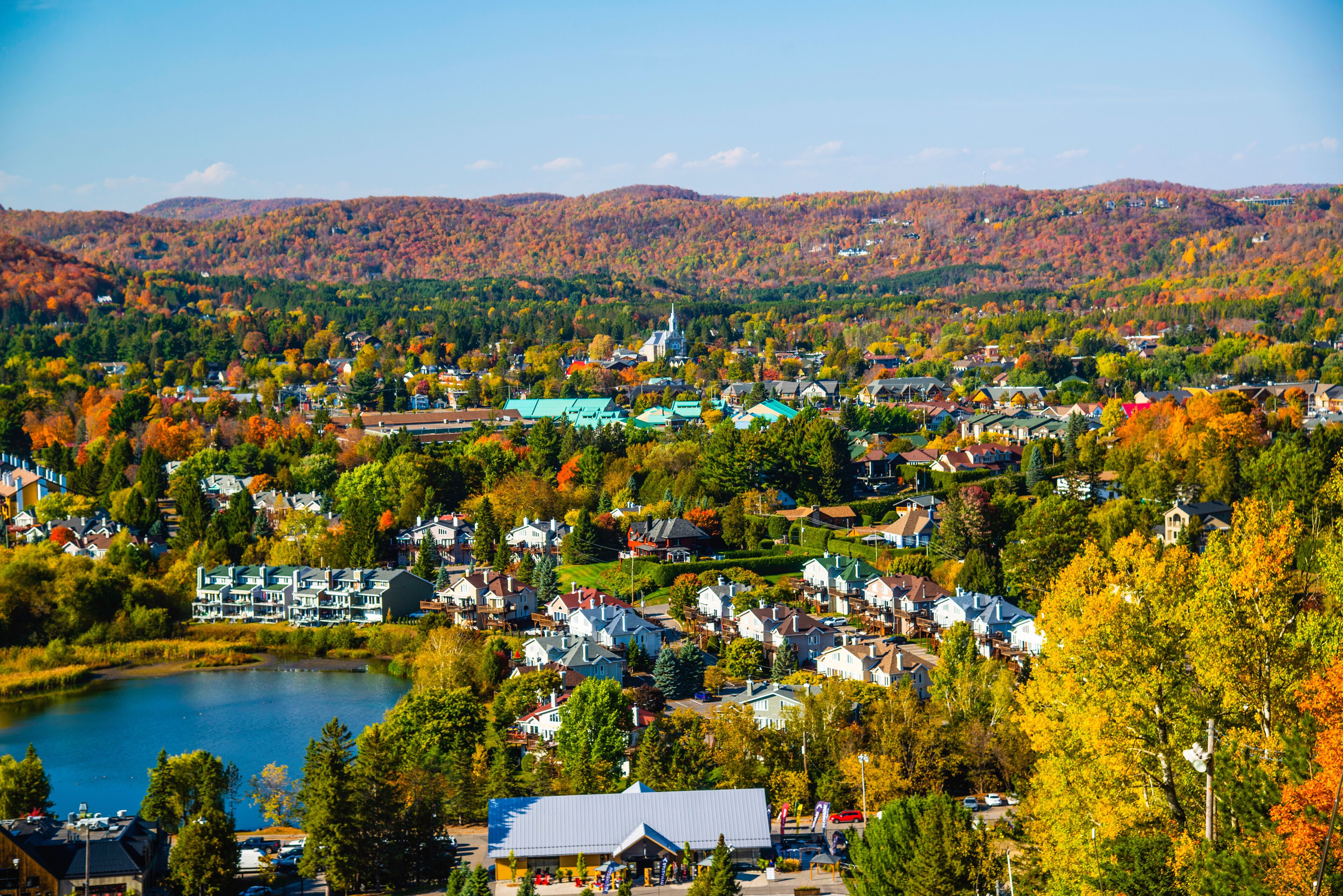 Saint-Sauveur, Canada - Oct. 5 2025: The beautiful panoramic autumn view from top of Saint-Sauveur mountain in Quebec Canada