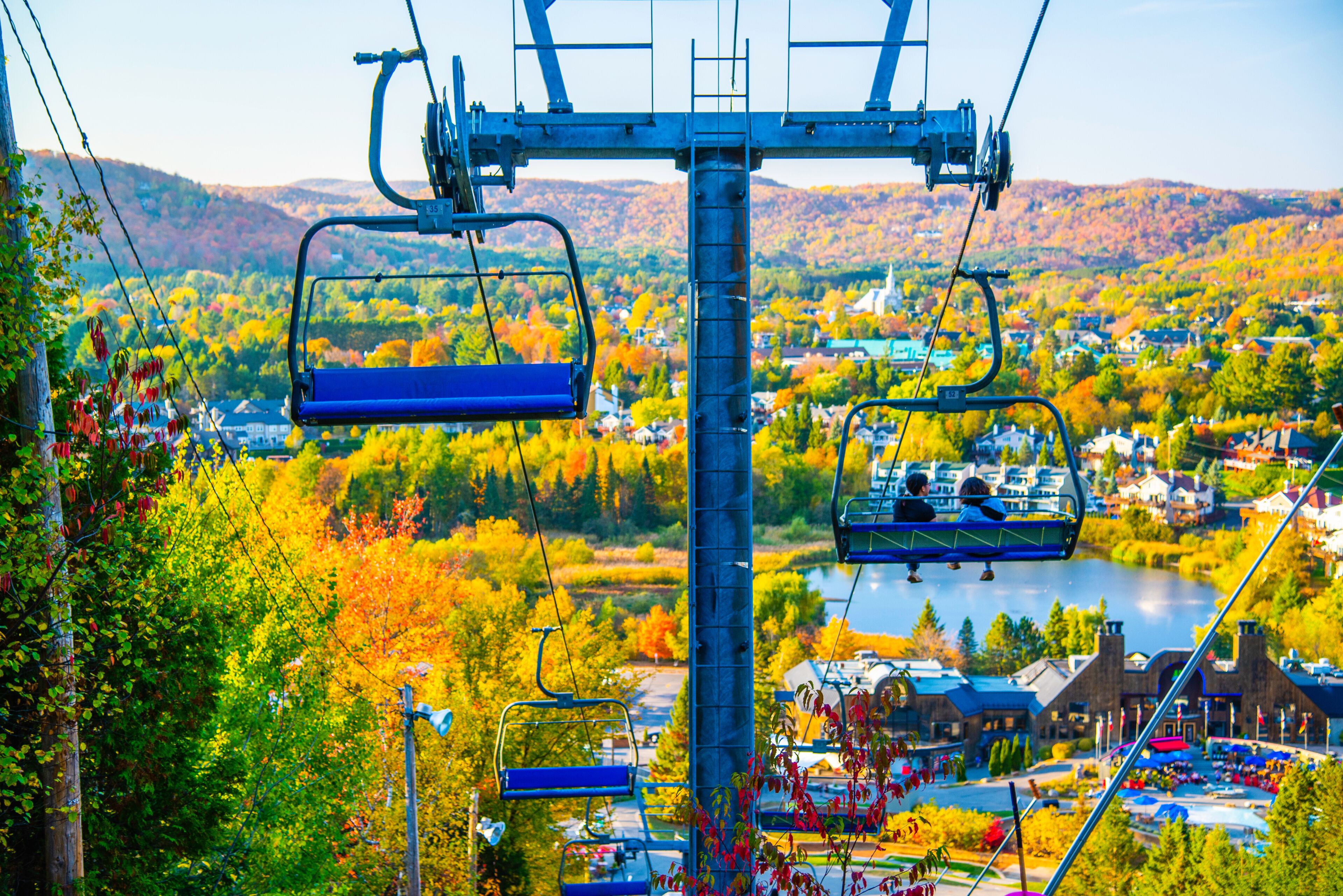 Saint-Sauveur, Canada - Oct. 5 2025: The beautiful panoramic autumn view from top of Saint-Sauveur mountain in Quebec Canada