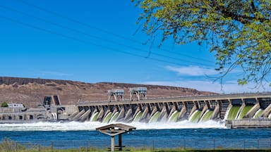 Water flows through the gates of the McNary Dam on the Columbia River at Umatilla, Oregon, USA