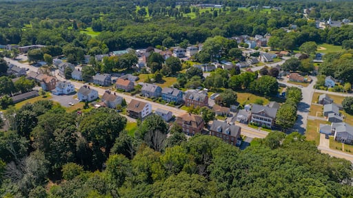 Albion historic village center aerial view in summer on Main Street at School Street in town of Lincoln, Rhode Island RI, USA.