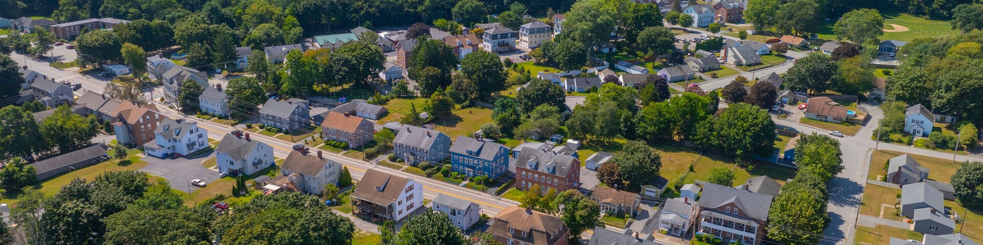 Albion historic village center aerial view in summer on Main Street at School Street in town of Lincoln, Rhode Island RI, USA.