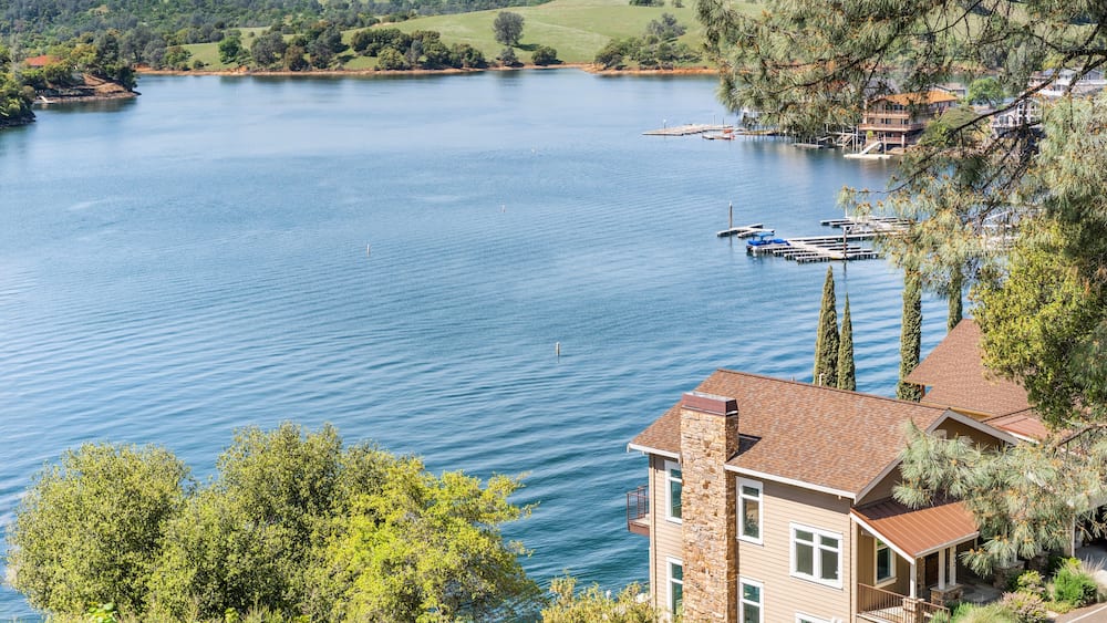 Aerial view of Lake Tulloch on the foothills of Sierra Nevada Mountains; Copperopolis, California