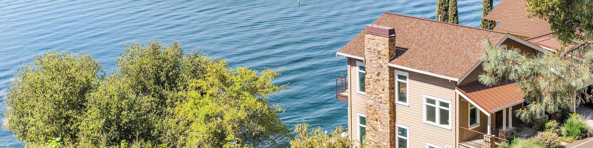 Aerial view of Lake Tulloch on the foothills of Sierra Nevada Mountains; Copperopolis, California