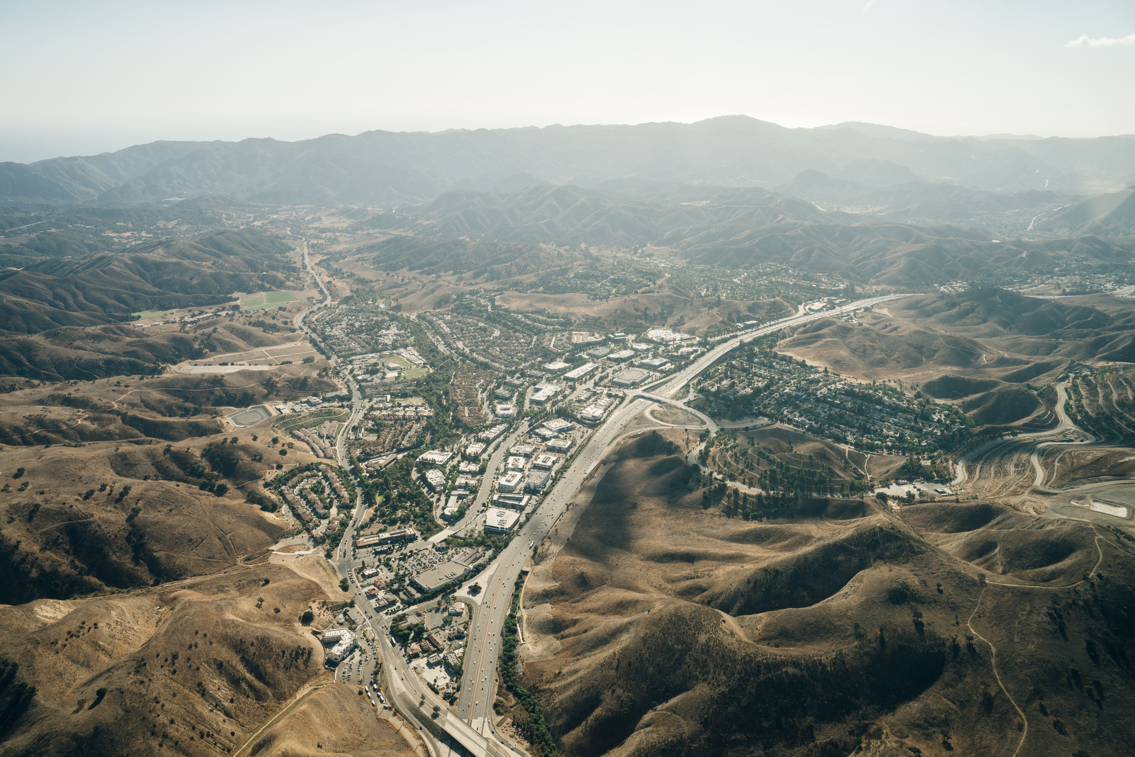 Aerial of suburban cul-de-sacs in the Stevenson Ranch community of Los Angeles County California.