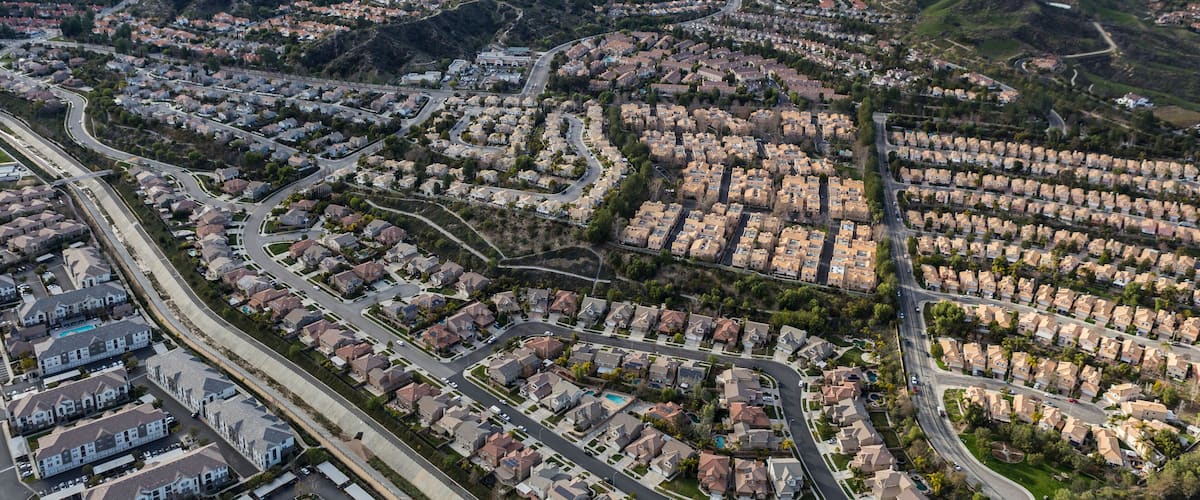 Aerial of the Stevenson Ranch suburban community in Los Angeles County California.