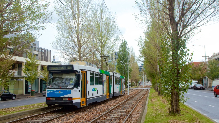 A tram on tracks with buildings and trees in the background.