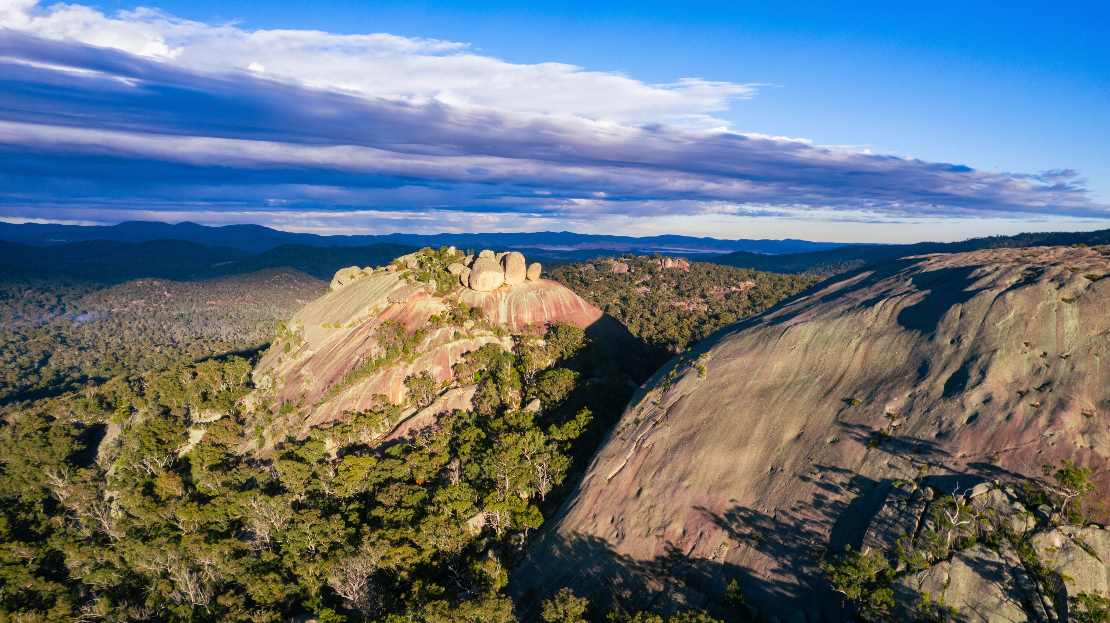 Aerial view of Girraween National Park with majestic mountains and serene forest, Stanthorpe, Queensland, Australia.