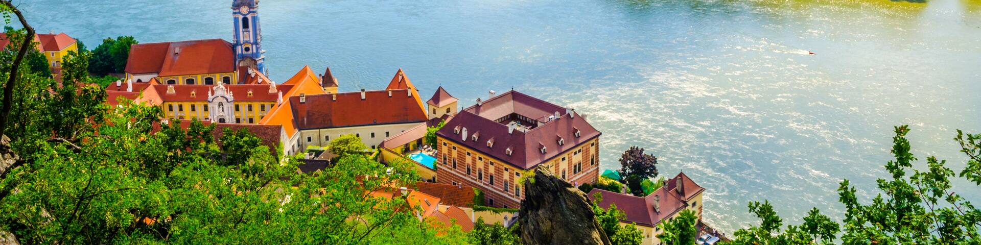 aerial view of Durnstein village situated in wachau valley in Austria