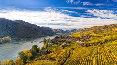 Autumn panorama of Wachau valley (Unesco world heritage site) with ships on Danube river near the Weissenkirchen village in Lower Austria, Austria