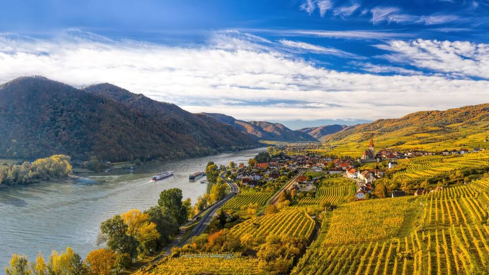 A river with boats, vineyards, and a town with houses and a church.